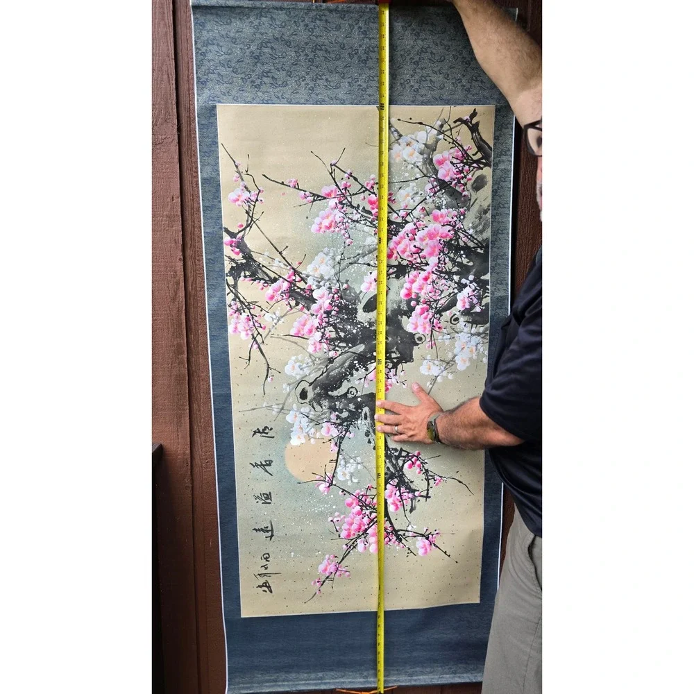 Vintage Chinese Hanging Scroll Painting Pink Plum Blossom Cherry Branch 30x68